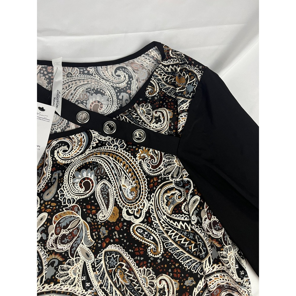 NY Collection Paisley Print Button Accent Top 3/4 Sleeve‎ Stylish Casual Comfort